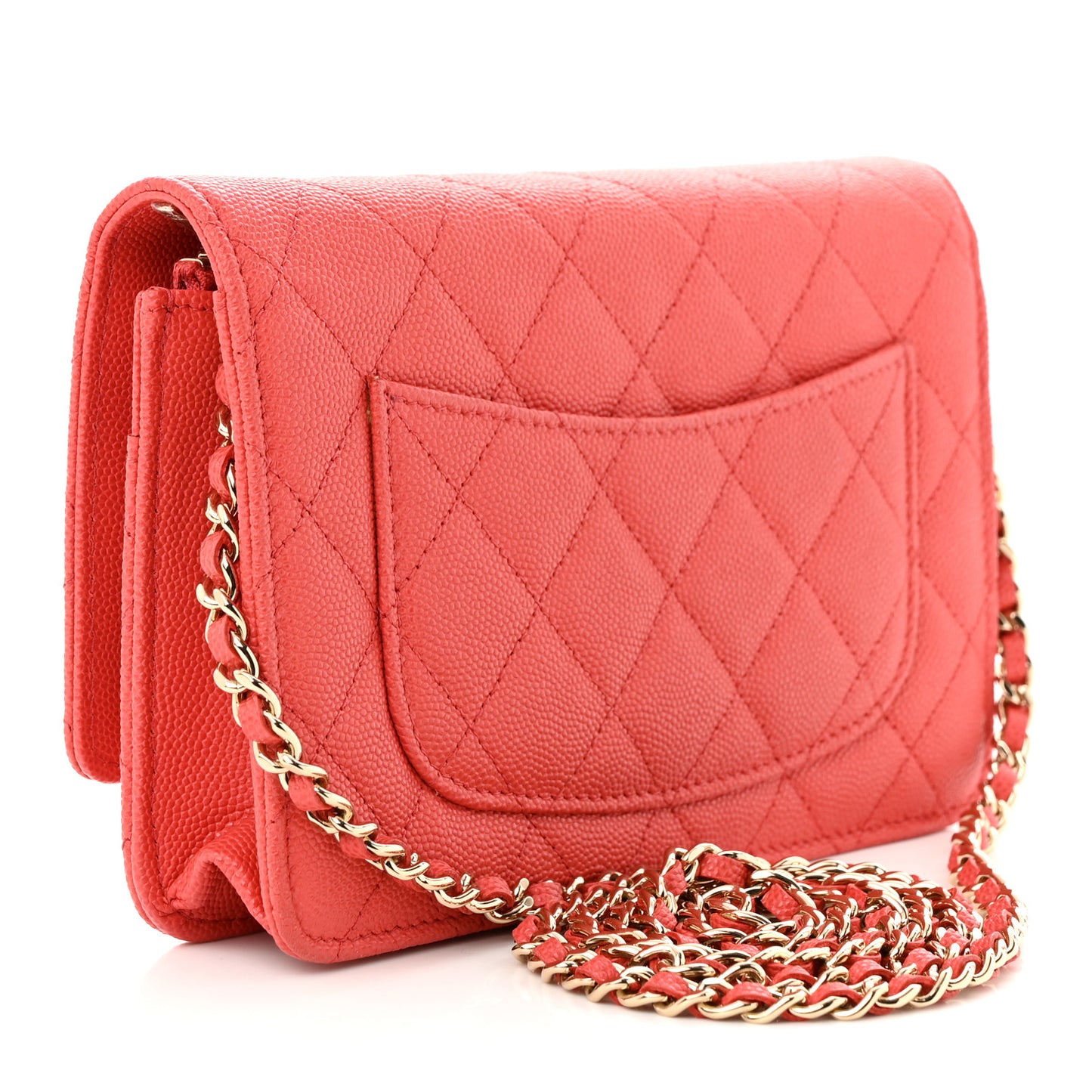 Caviar Quilted Textured CC Wallet On Chain WOC Coral