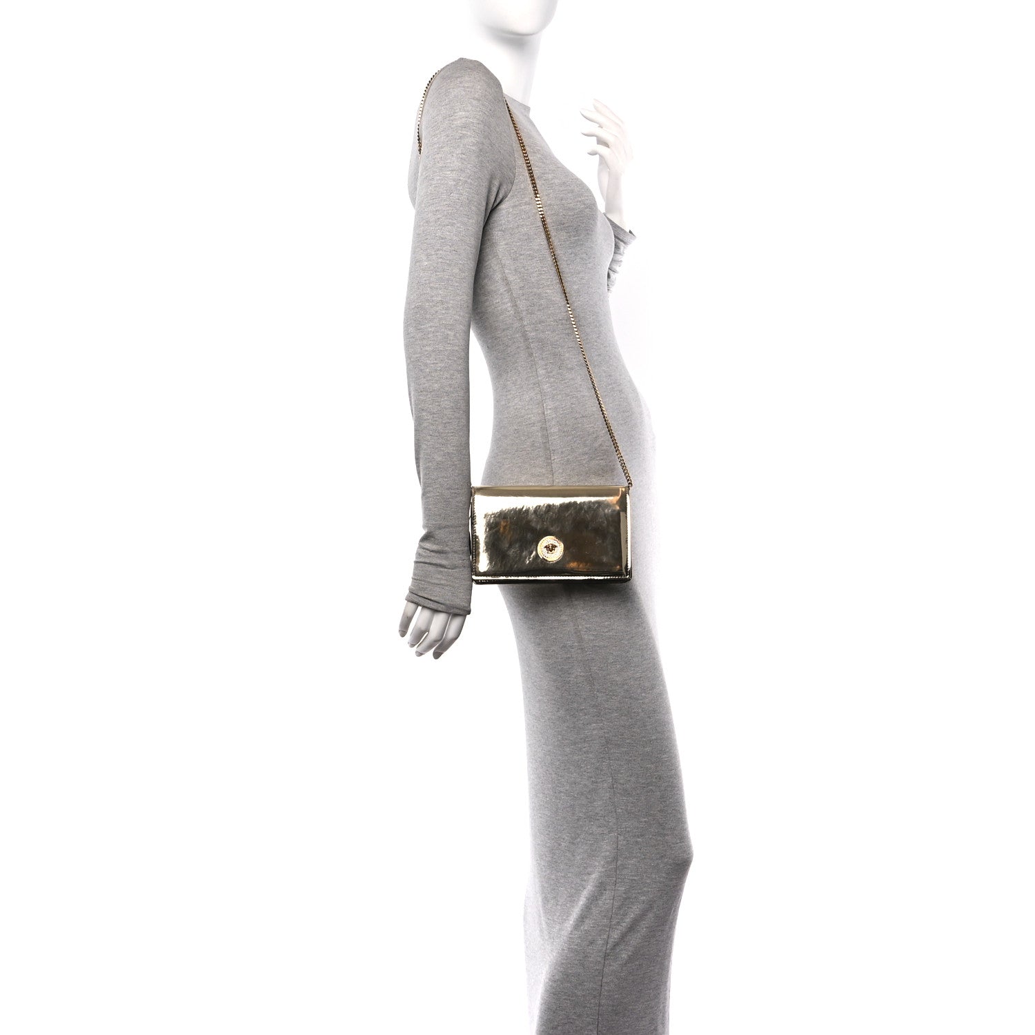 Versace Patent Metallic Crystal Medusa Clutch On Chain Gold 2 of 8
