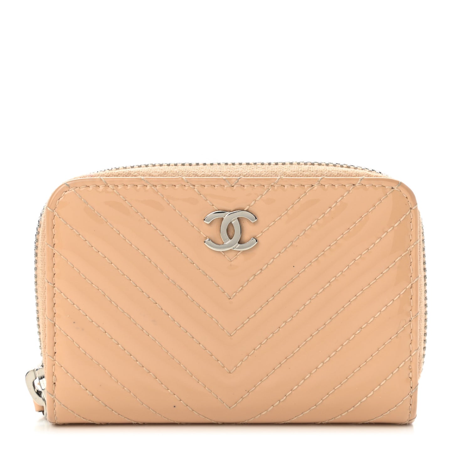 Patent Chevron Quilted Zip Around Coin Purse Beige