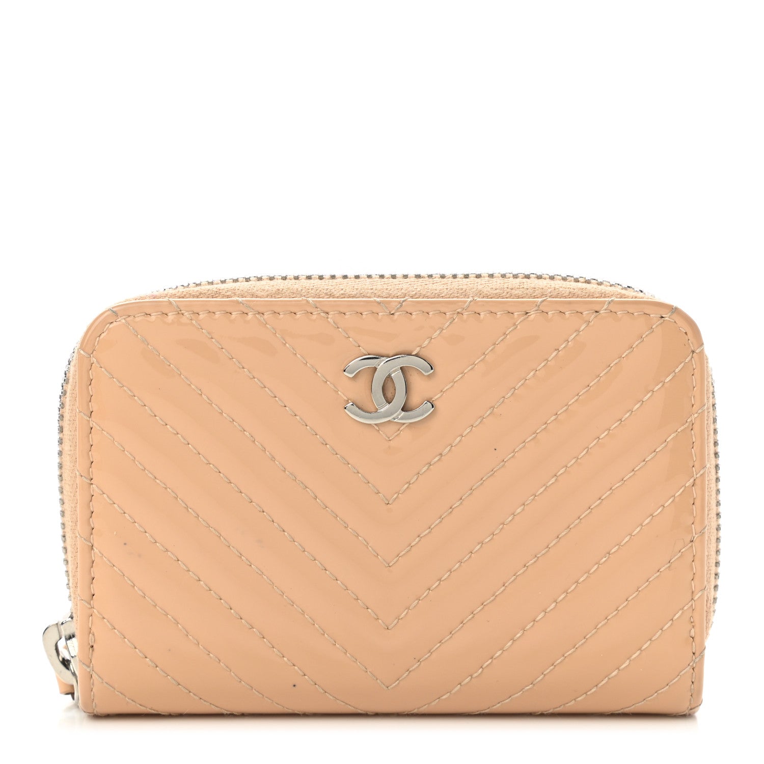 Chanel Patent Chevron Quilted Zip Around Coin Purse Beige 1 of 9