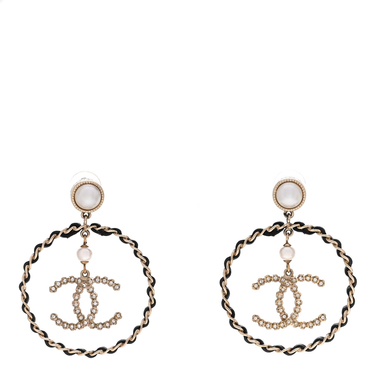Lambskin Crystal Pearl CC Drop Earrings Gold Black