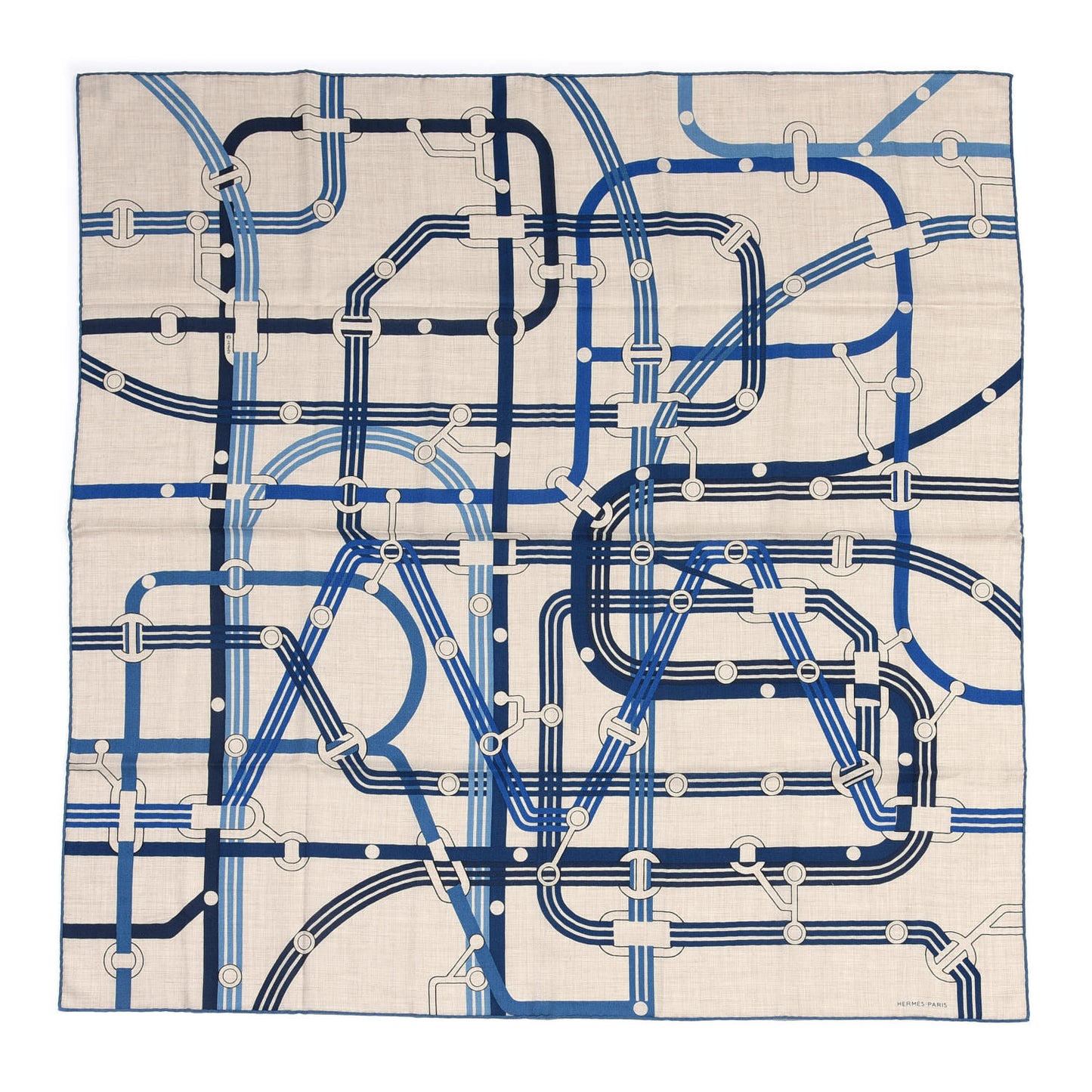 Cashmere Silk Correspondance Hermes-Paris Scarf 100 Naturel Bleu Moyen Bleu Emeraude