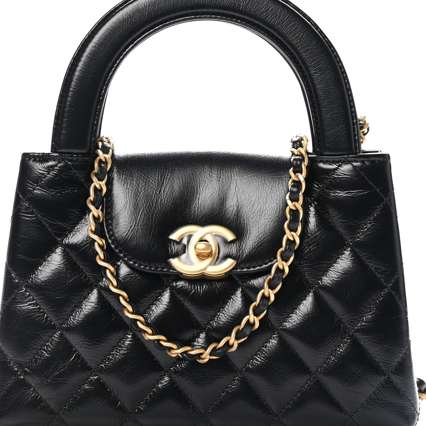Shiny Aged Calfskin Quilted Nano Kelly Shopper Black
