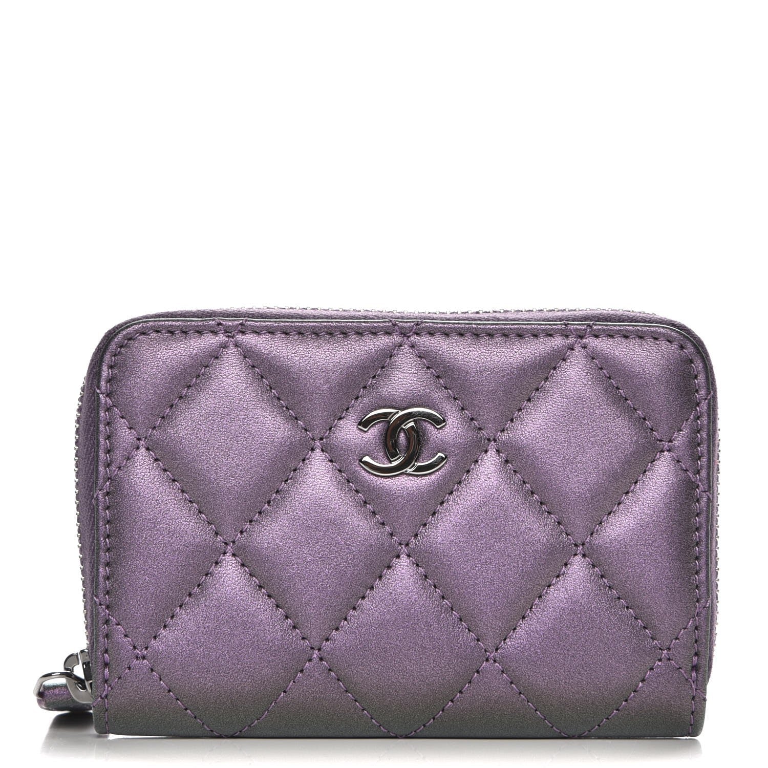 Chanel Metallic Lambskin Quilted Zip Around Coin Purse Wallet Purple 1 of 8