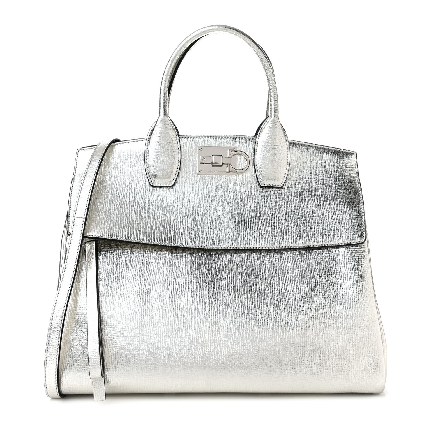 Metallic Hammered Calfskin Studio Top Handle Bag Silver