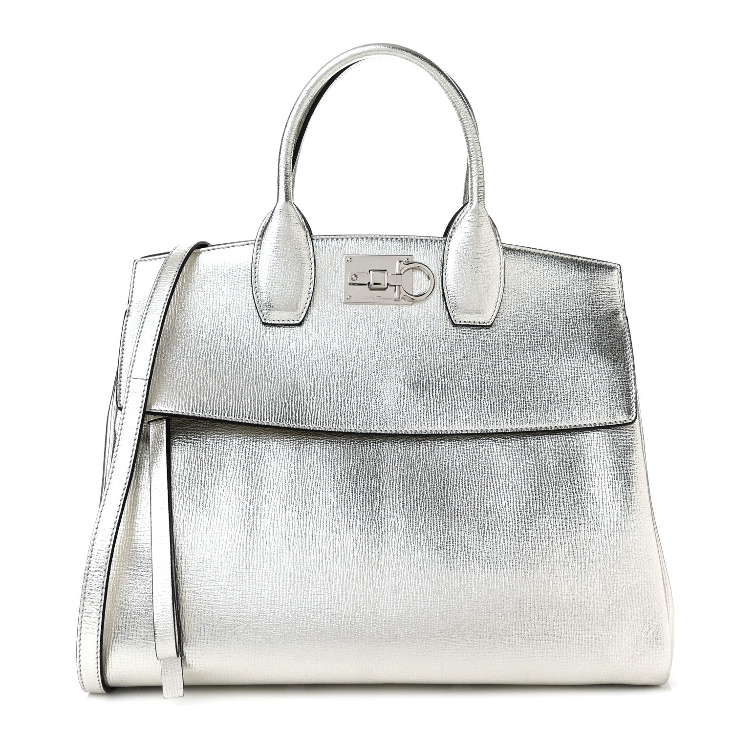 Salvatore Ferragamo Metallic Hammered Calfskin Studio Top Handle Bag Silver 2 of 11