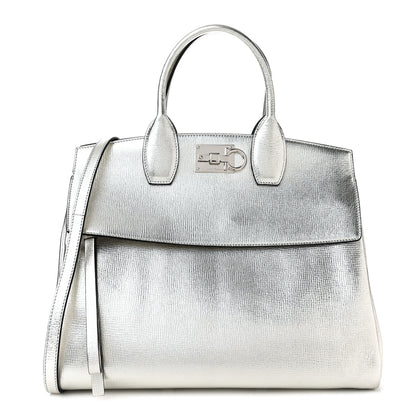 Salvatore Ferragamo Metallic Hammered Calfskin Studio Top Handle Bag Silver 2 of 11