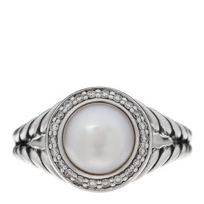 David Yurman Sterling Silver Diamond Pearl 8mm Petite Cerise Ring 54 7 1 of 5