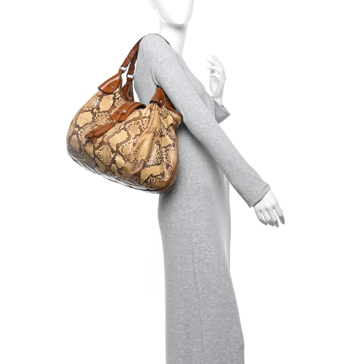 Gucci Snakeskin Medium Indy Top Handle Hobo Brown Beige 3 of 15