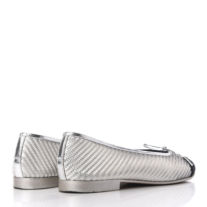 Chanel Metallic PVC Grosgrain Cap Toe Ballerina Flats 37.5 Silver Black 4 of 12