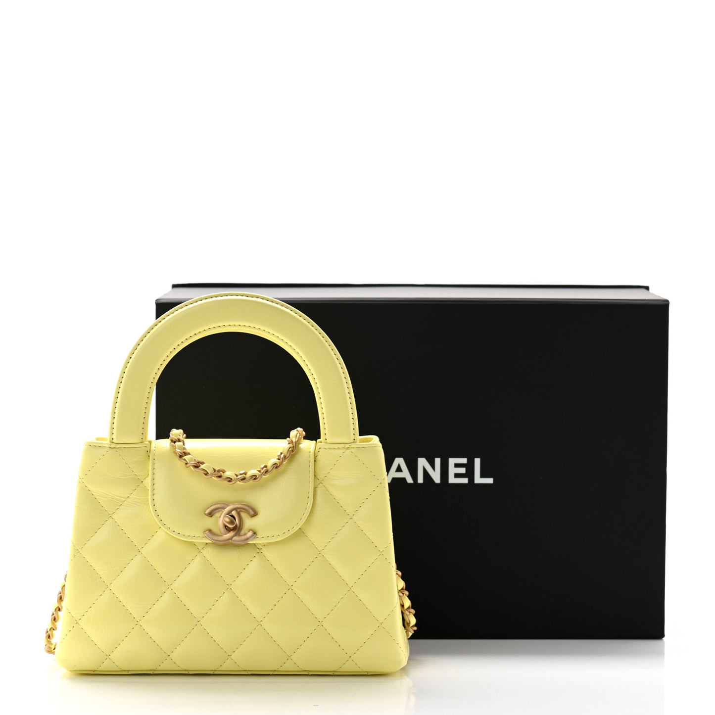 Shiny Aged Calfskin Quilted Nano Kelly Shopper Light Yellow