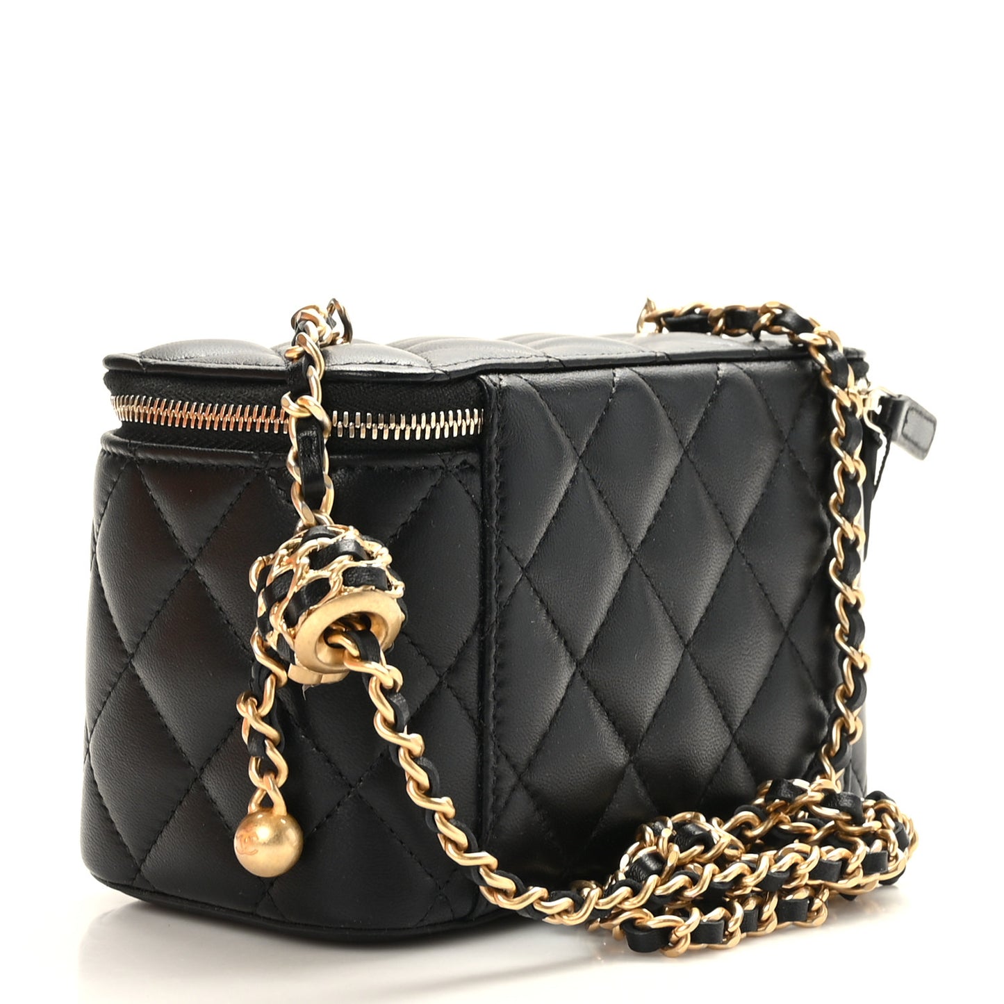 Lambskin Quilted Pearl Crush Small Vanity Case With Chain Black