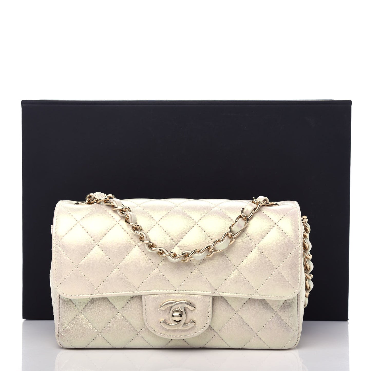 Iridescent Lambskin Quilted Mini Rectangular Flap Ivory