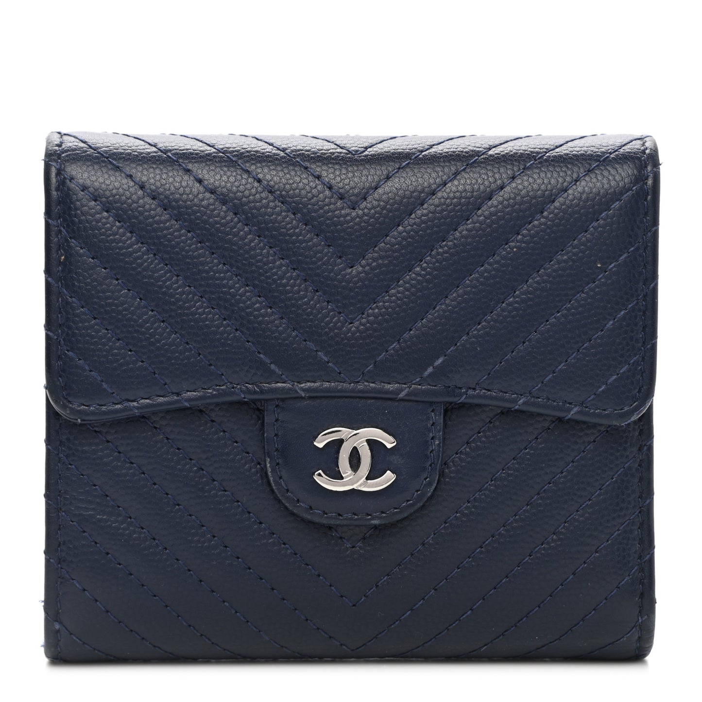 Caviar Chevron Quilted Compact Flap Wallet Navy