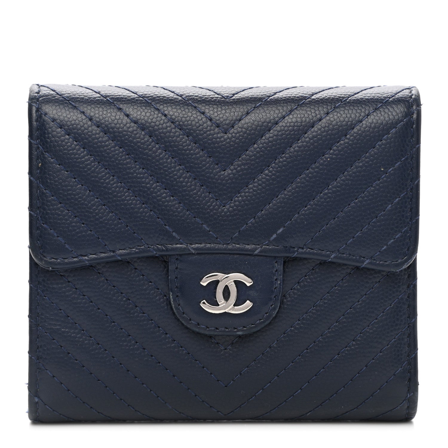 Chanel Caviar Chevron Quilted Compact Flap Wallet Navy 1 of 14