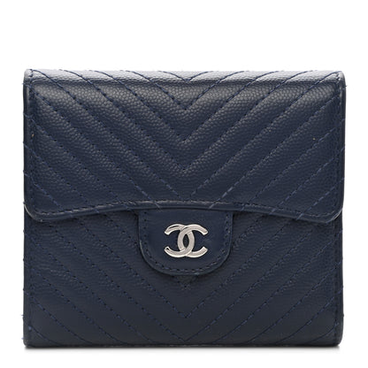 Chanel Caviar Chevron Quilted Compact Flap Wallet Navy 1 of 14