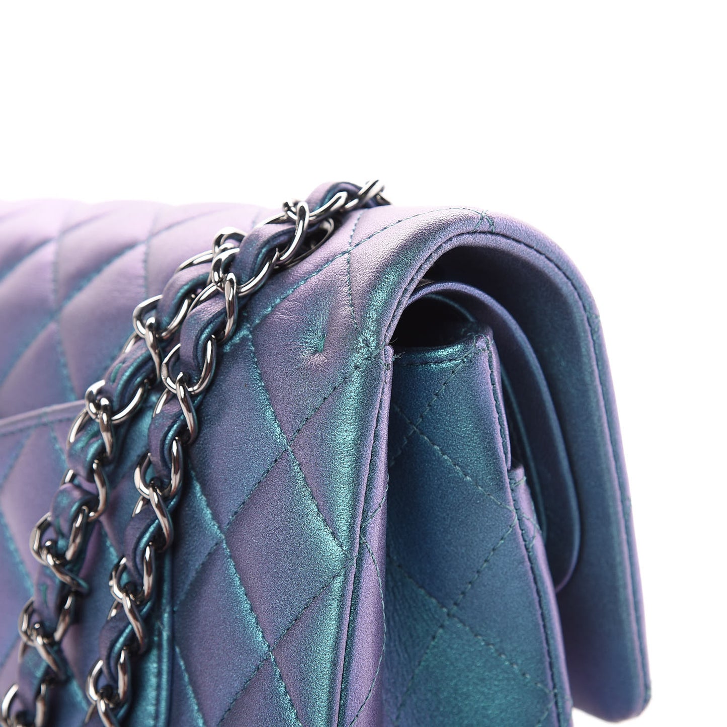 Metallic Lambskin Quilted Medium Double Flap Turquoise