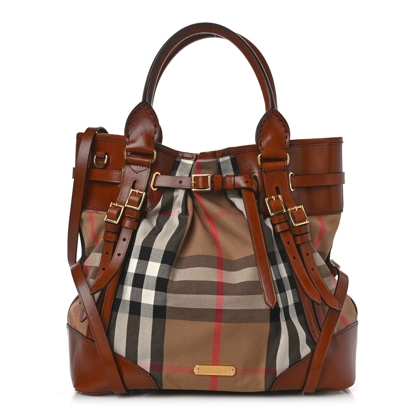 Bridle Calfskin House Check Medium Whipstitch Tote Dark Tan