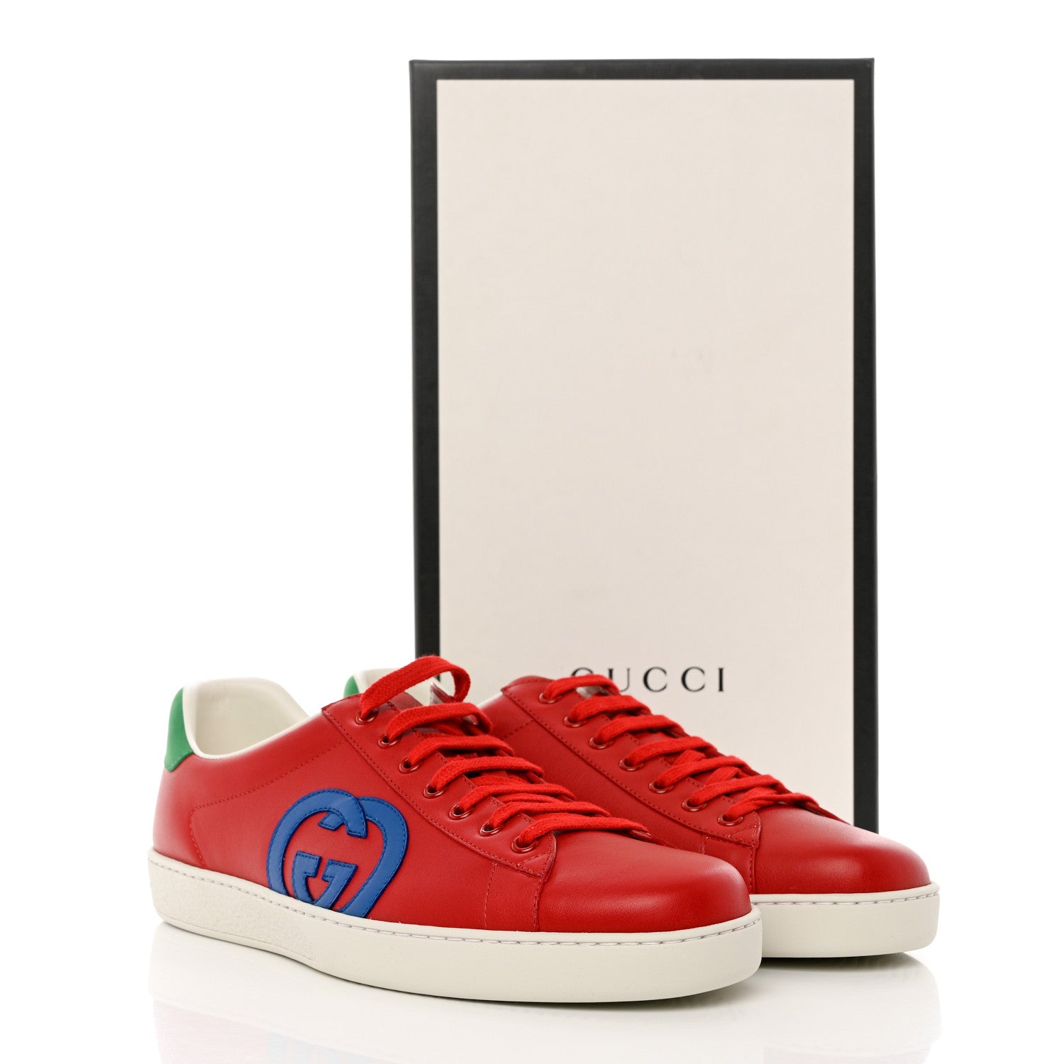 Gucci Calfskin Nubuck Interlocking G Mens New Ace Sneakers 10 Hibiscus Red Rio Blue New Shamarock 9 of 9