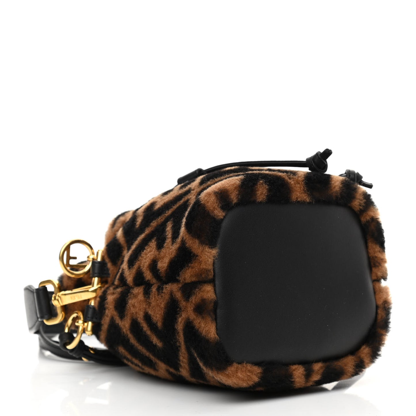 Shearling Vitello Dolce F is Fendi Macro FF 1974 Mini Mon Tresor Bucket Bag Tobacco Black
