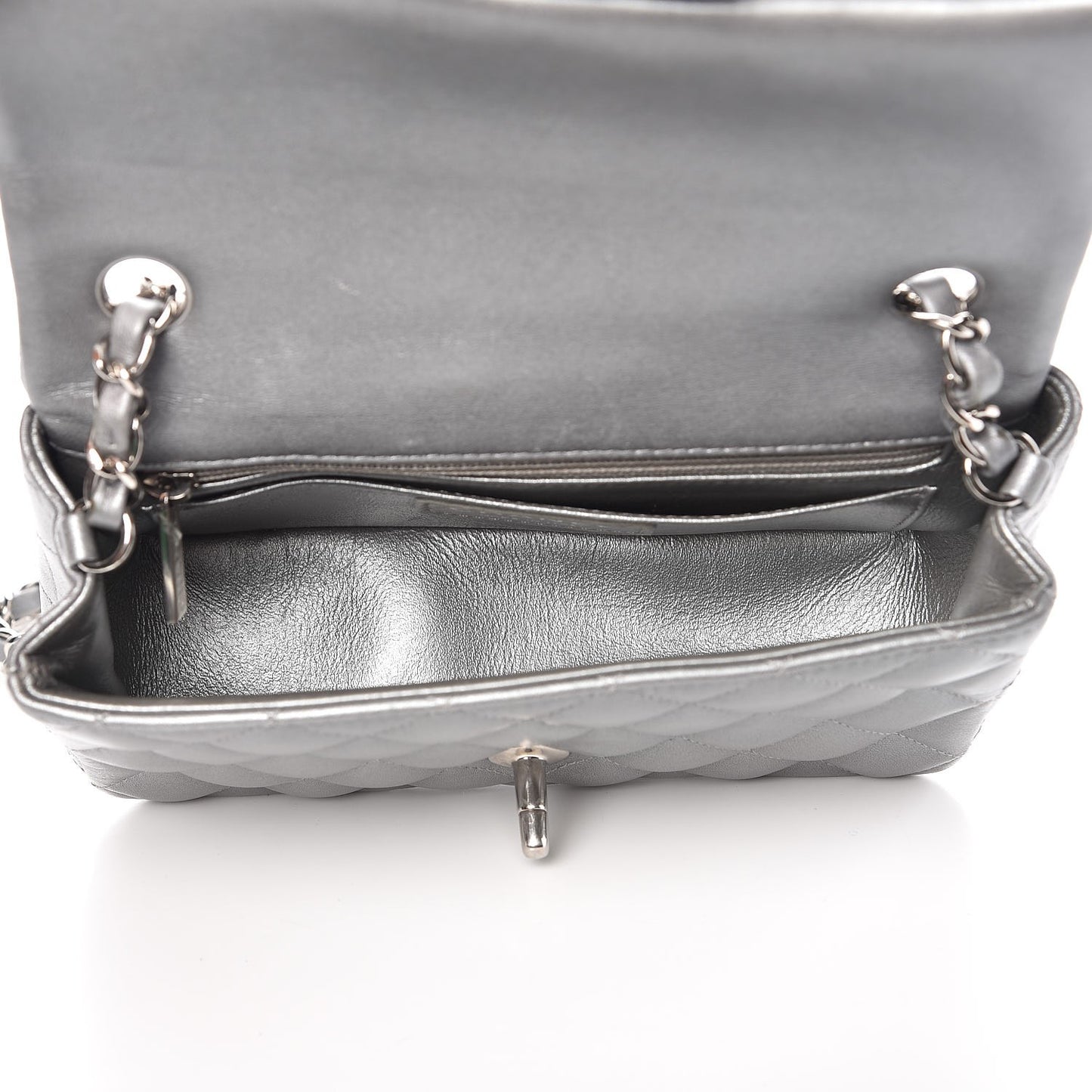 Metallic Lambskin Quilted Mini Rectangular Flap Silver