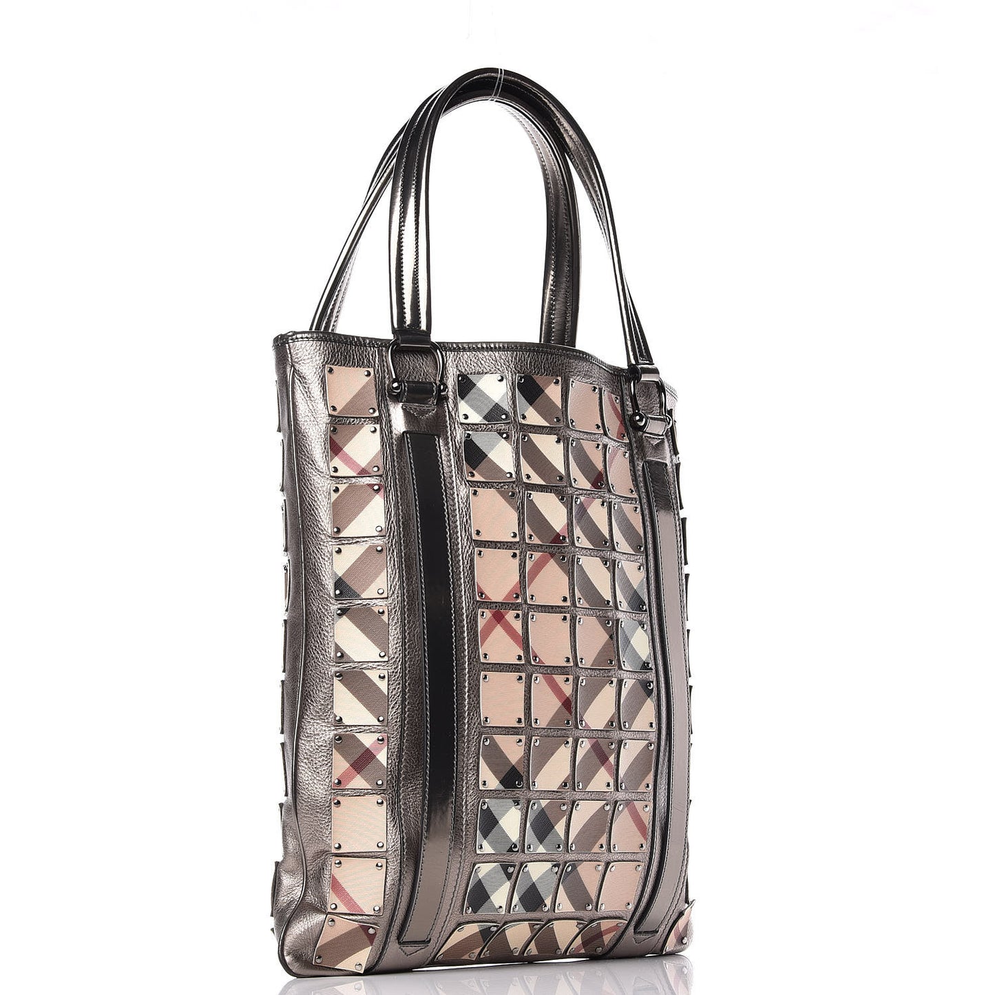Metallic Calfskin Nova Check Patchwork Shopper Tote Pewter