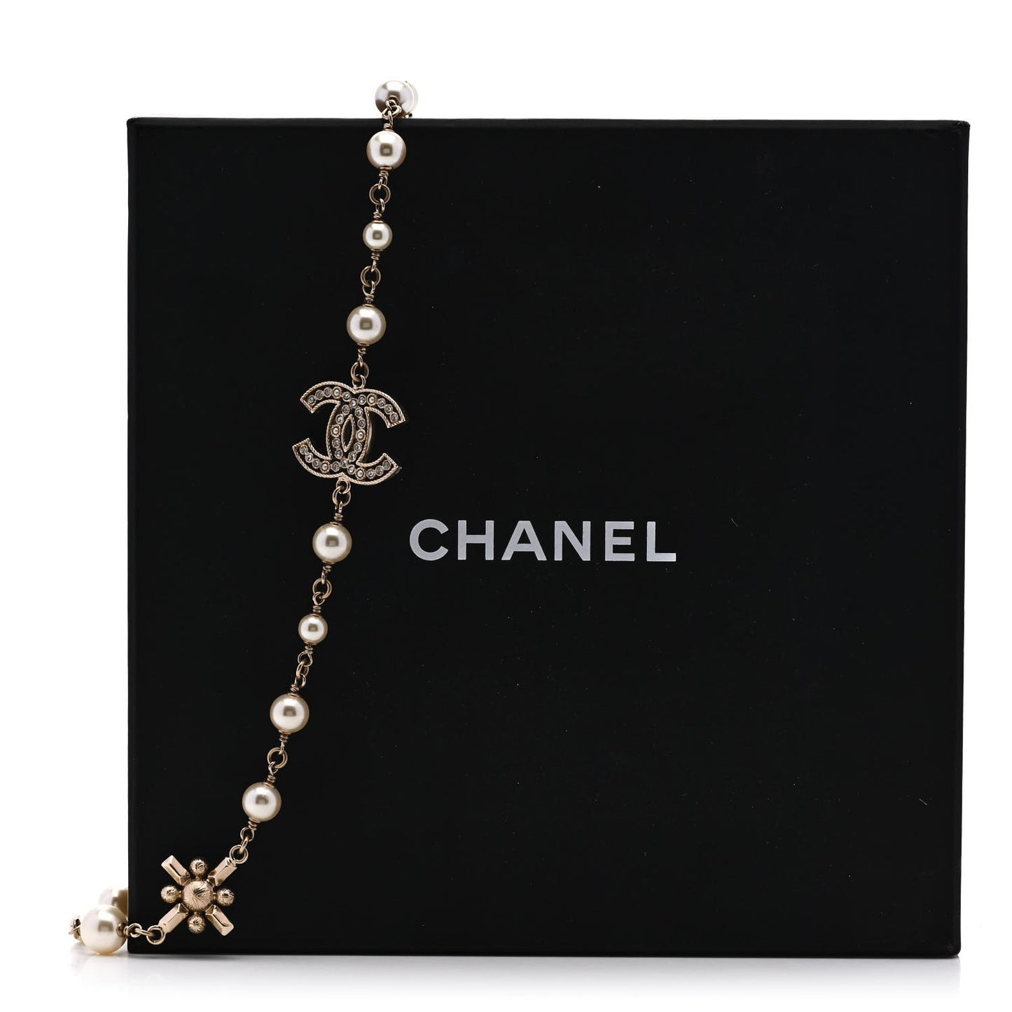 Crystal Baguette Pearl CC Cross Short Necklace Gold