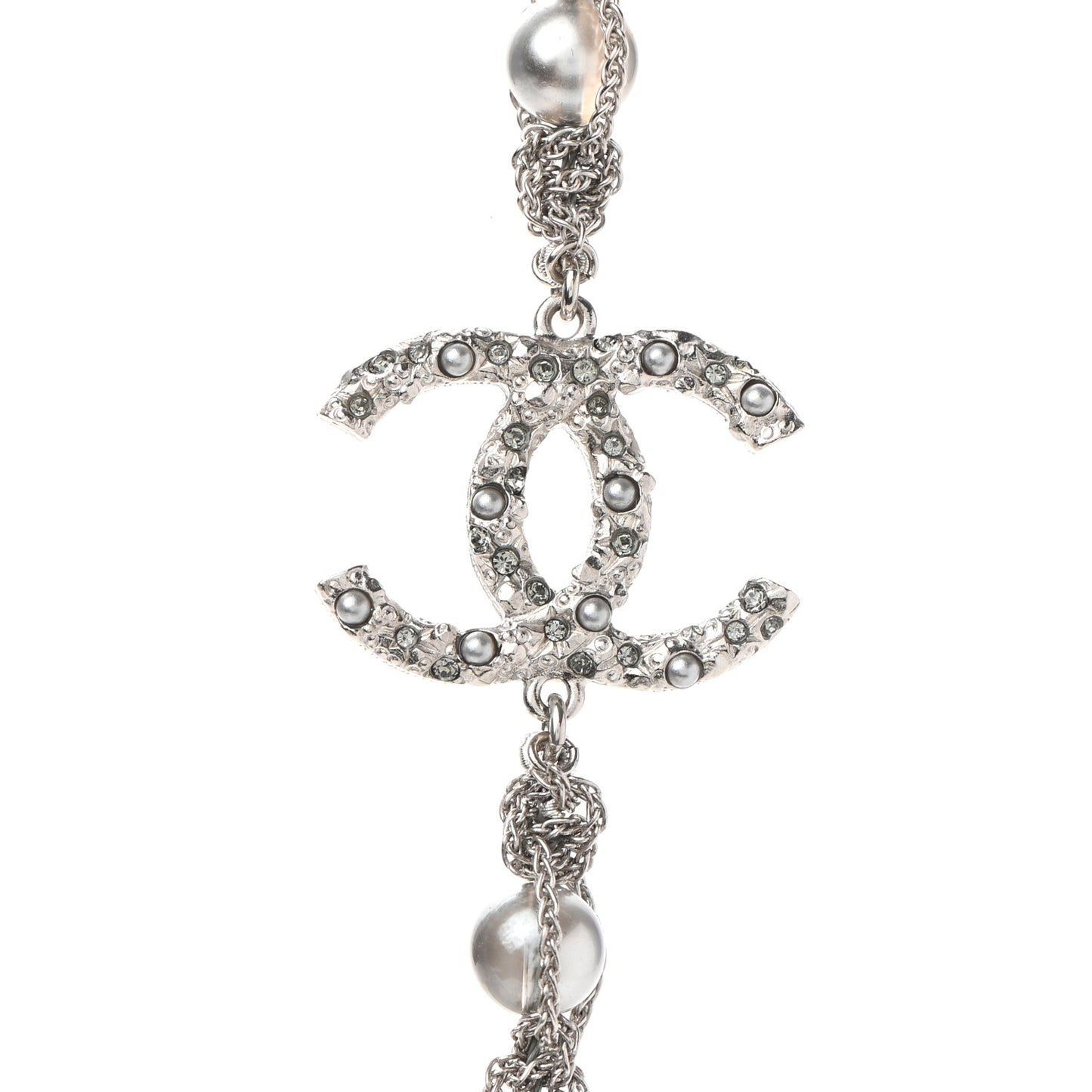 Crystal Pearl Bead CC Long Necklace Silver Grey