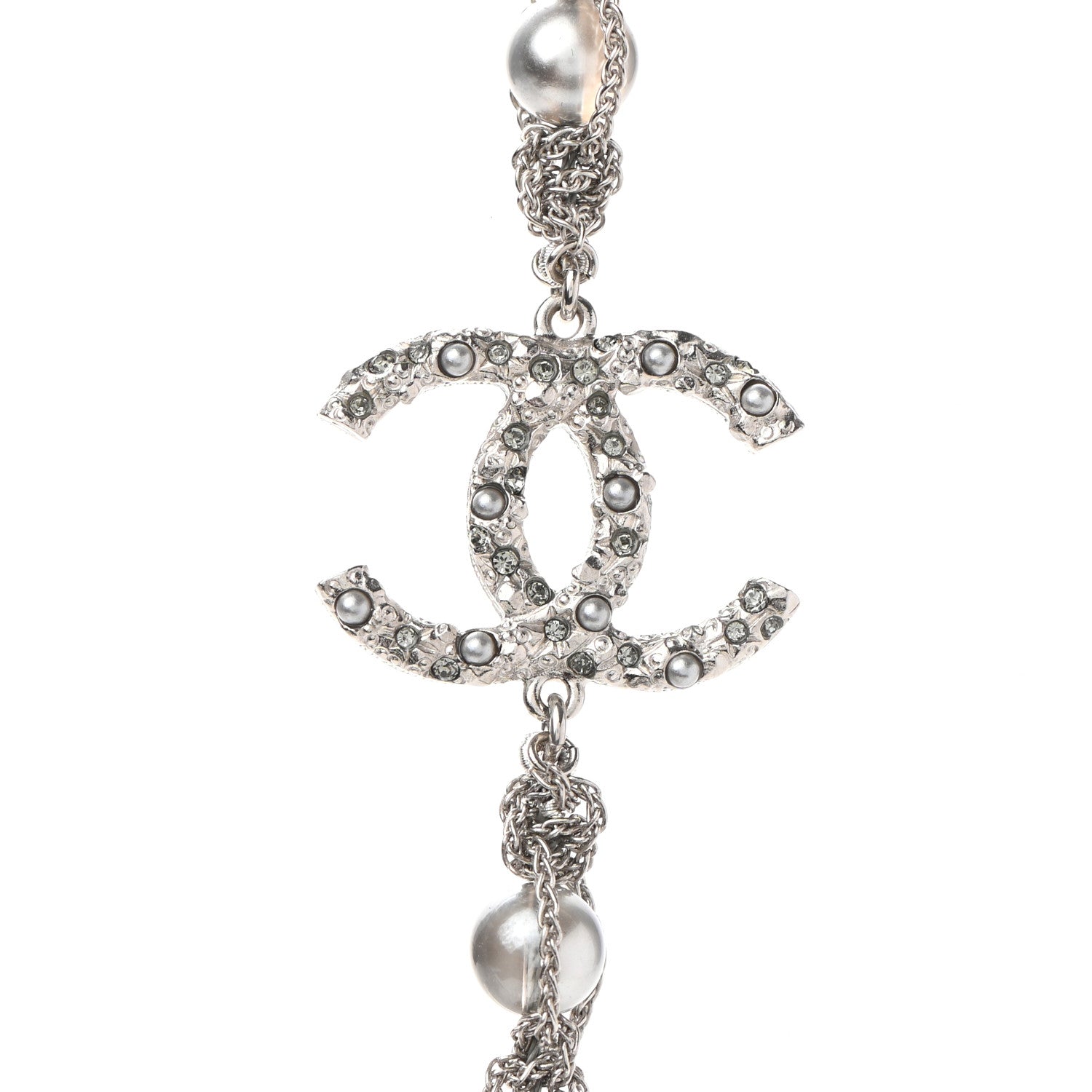 Chanel Crystal Pearl Bead CC Long Necklace Silver Grey 4 of 7