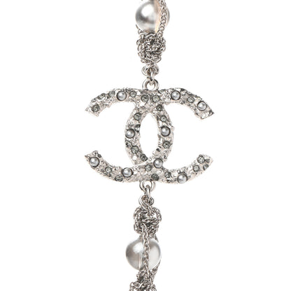 Chanel Crystal Pearl Bead CC Long Necklace Silver Grey 4 of 7