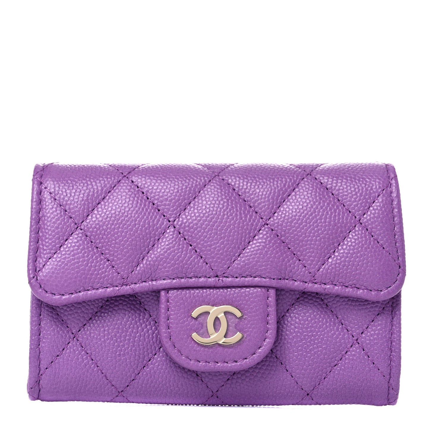 Caviar Quilted Flap Card Holder Wallet Purple