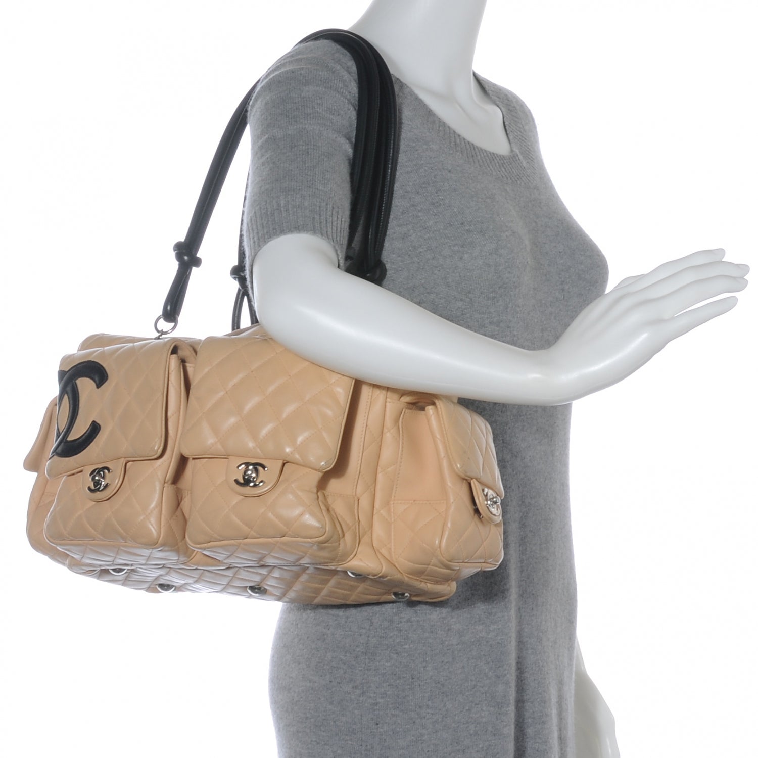 Chanel Calfskin Quilted Large Cambon Multipocket Reporter Beige Black 2 of 7
