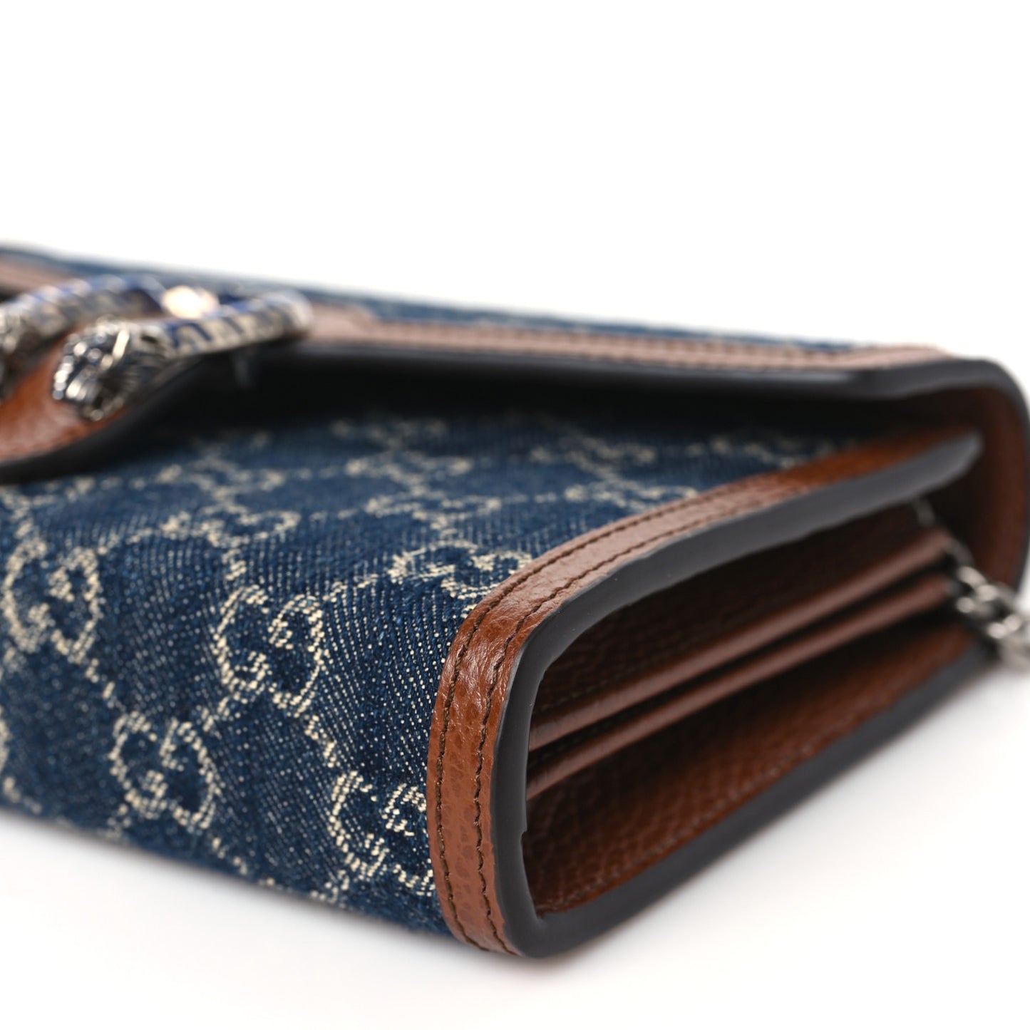 New Denim GG Monogram Dollar Calfskin Enamel Mini Dionysus Chain Wallet Blue Tea Cuir Epilog Electric Blue