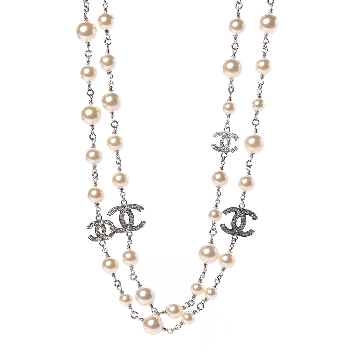 Graduated Pearl Crystal CC Long Necklace Silver Pearly White