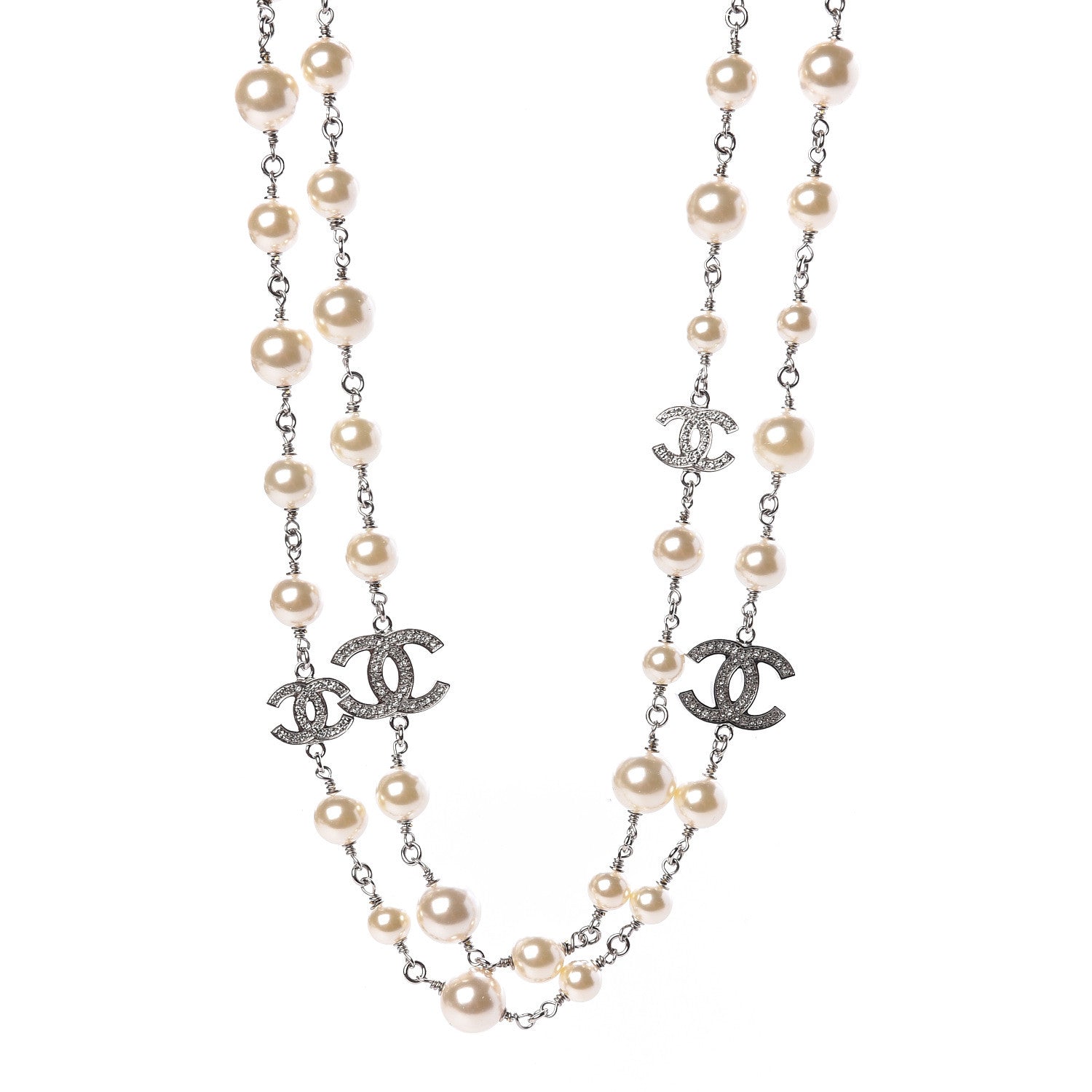 Chanel Graduated Pearl Crystal CC Long Necklace Silver Pearly White 1 of 5