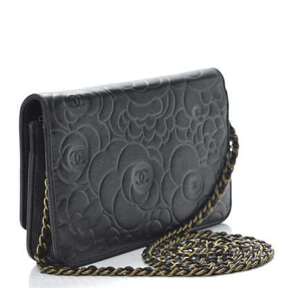 Chanel Lambskin Camellia Embossed Wallet on Chain WOC Black 3 of 15