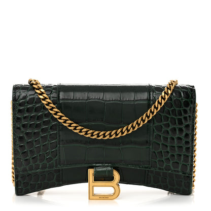 Balenciaga Shiny Calfskin Crocodile Embossed Hourglass Chain Bag Forest Green 1 of 13