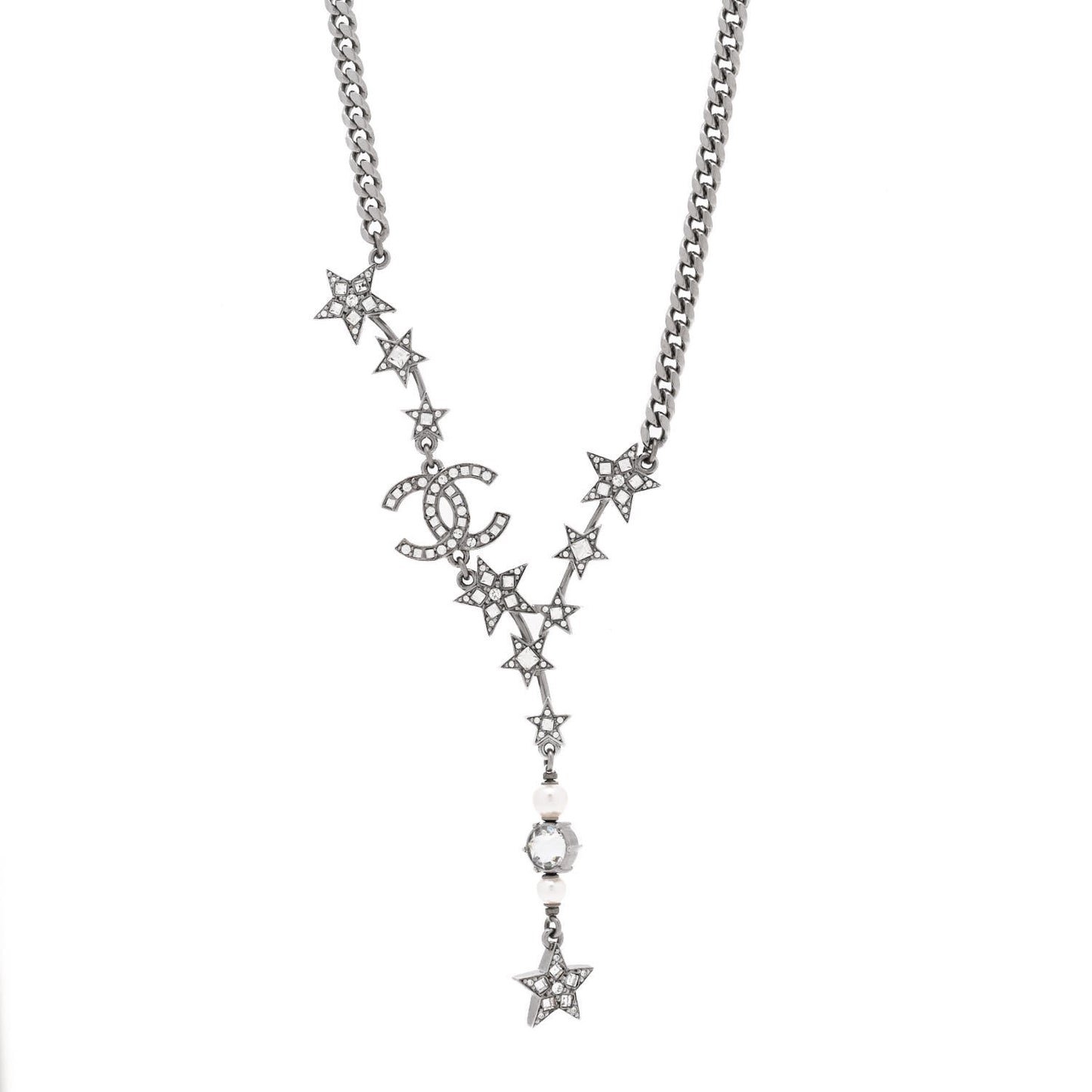 Crystal Pearl CC Star Necklace Silver