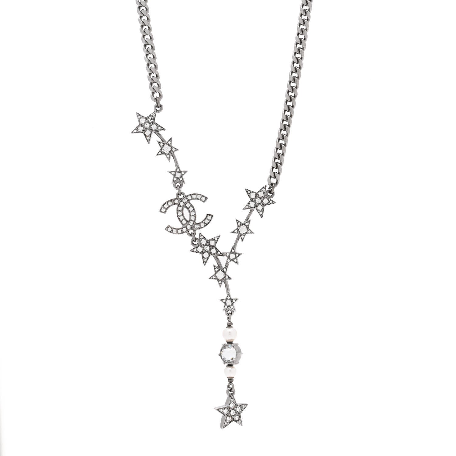 Chanel Crystal Pearl CC Star Necklace Silver 1 of 5
