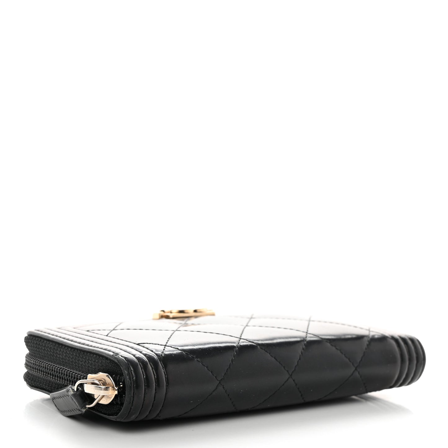 Iridescent Glazed Calfskin Quilted Small Boy Zip Around Wallet Black