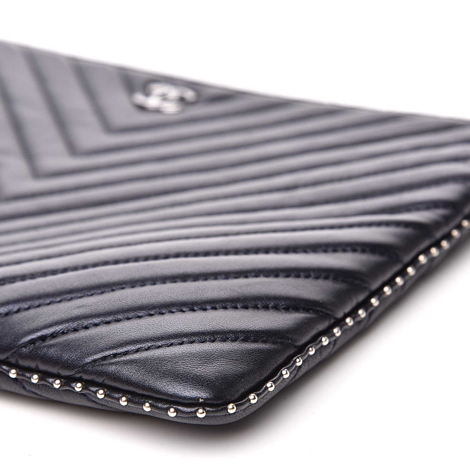 Chanel Calfskin Chevron Studded Quilted Medium Cosmetic Case Navy 10 of 11