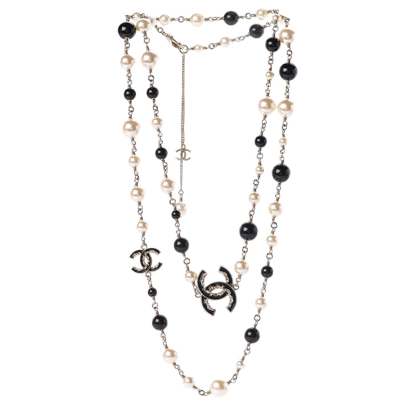 Pearl Bead Enamel CC Baroque Long Necklace Black Gold