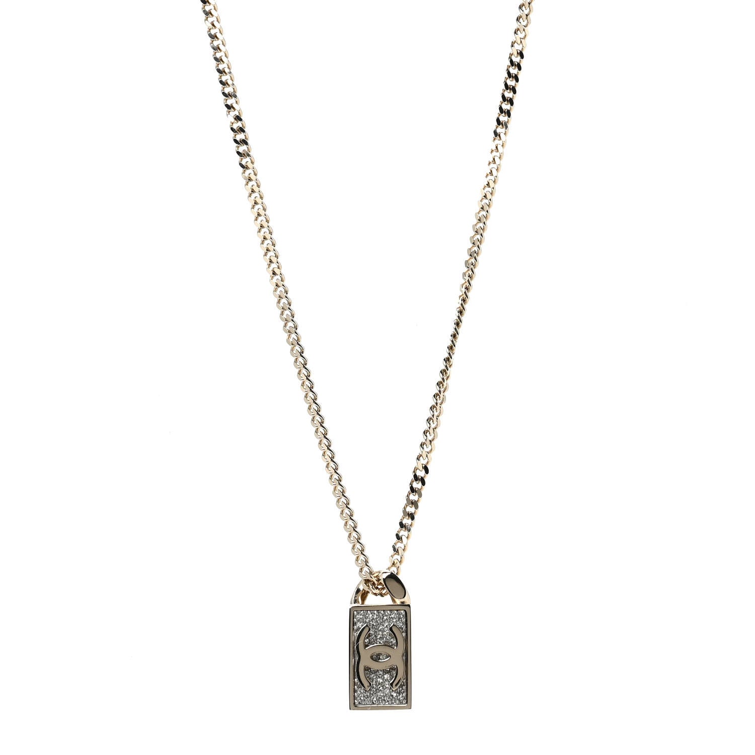Chanel Crystal Dog Tag Charm Necklace Gold 1 of 7