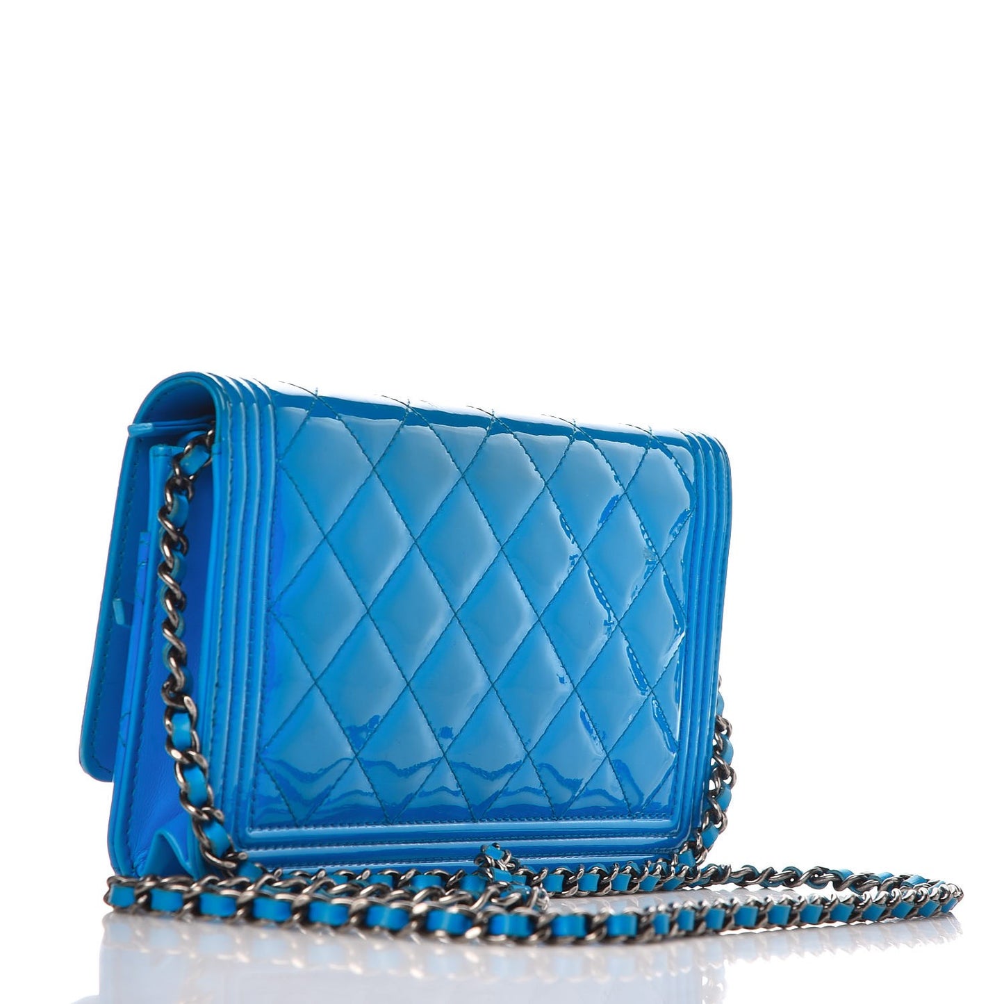Patent Calfskin Quilted Boy Wallet On Chain WOC Blue