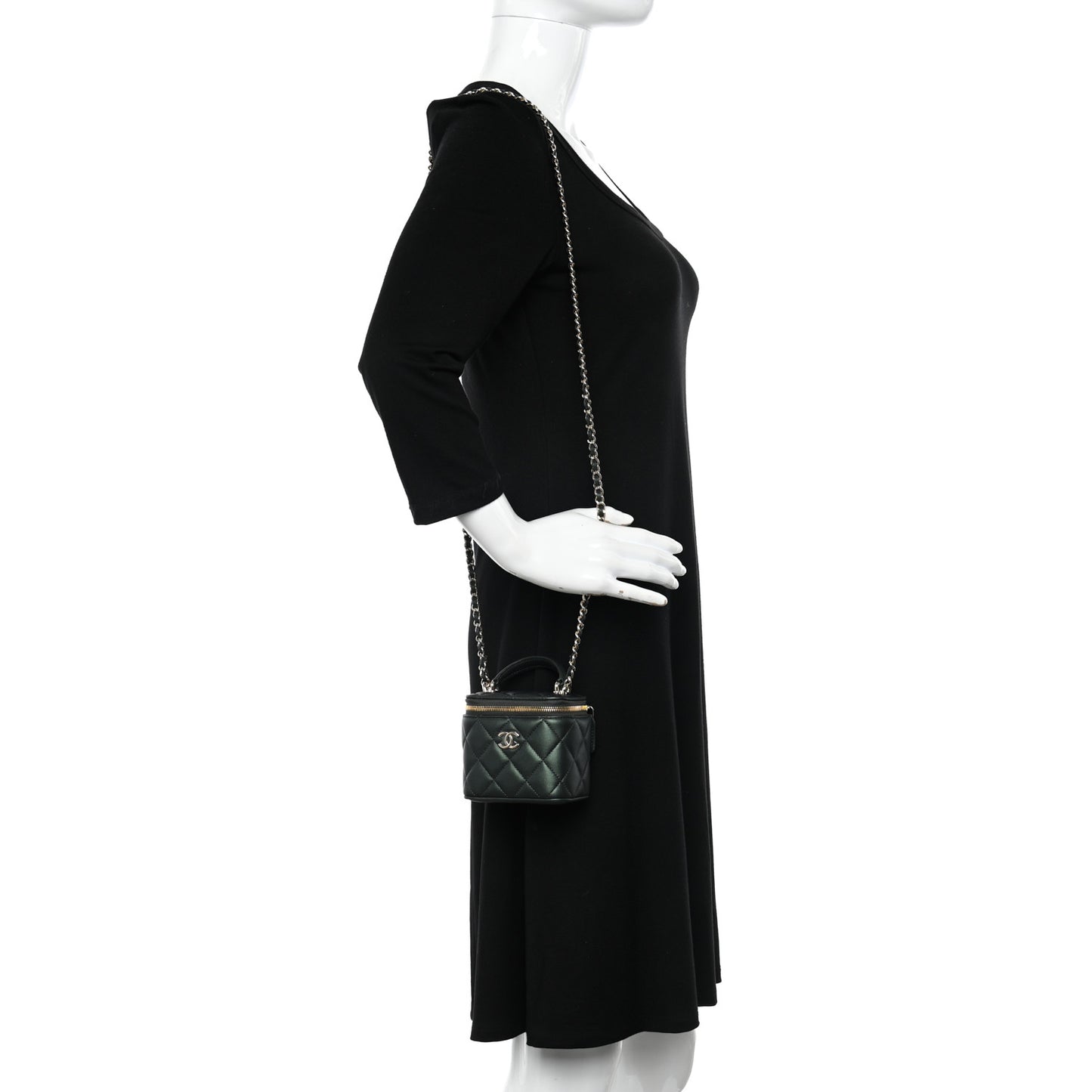 Iridescent Lambskin Quilted Mini Top Handle Vanity Case With Chain Dark Green