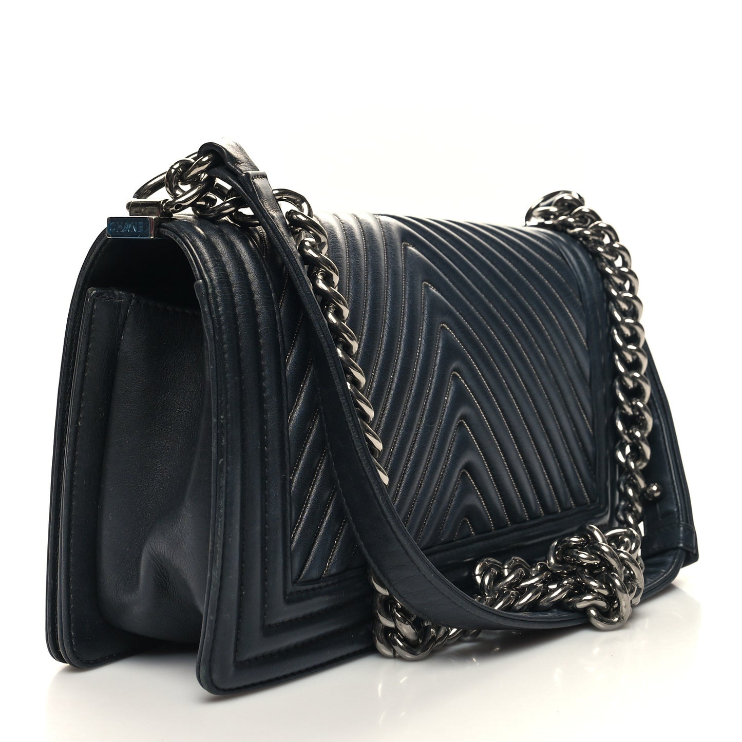 Calfskin Chevron Quilted Medium Chain Boy Flap Navy