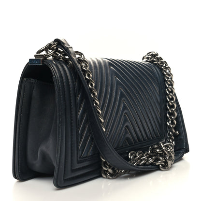 Chanel Calfskin Chevron Quilted Medium Chain Boy Flap Navy 3 of 12