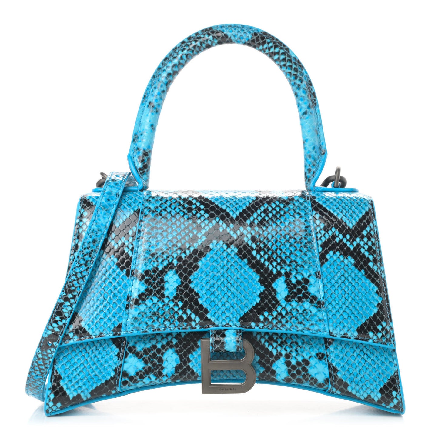 Shiny Calfskin Python Effect Small Hourglass Top Handle Bag Azur Black