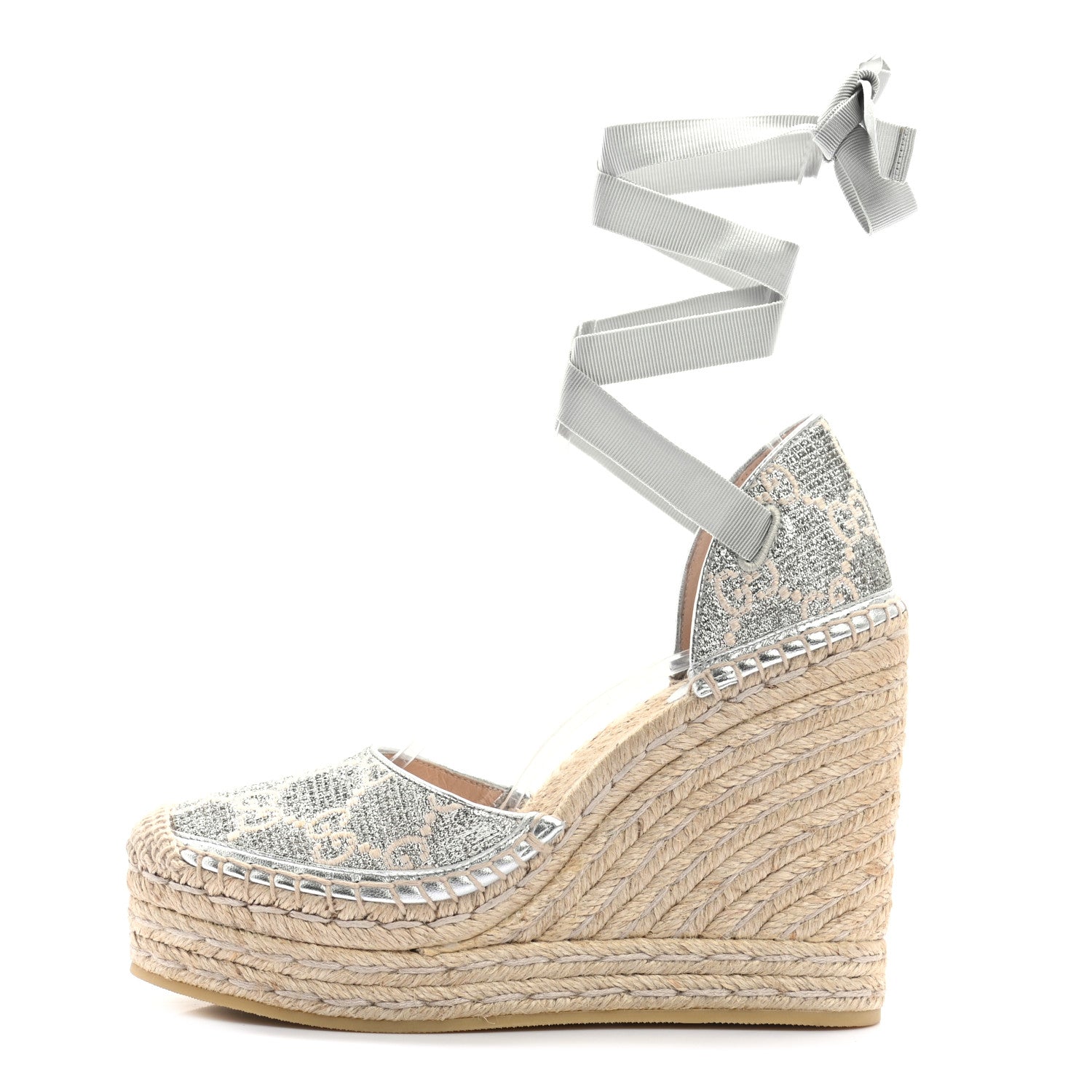 Gucci Lame GG Monogram Ankle Wrap Platform Espadrille Wedges 37 Silver Beige Light Grey 1 of 8