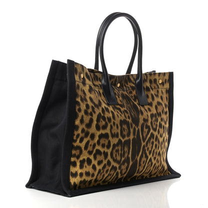 Saint Laurent Canvas Calfskin Leopard Print Rive Gauche Noe Tote Natural Black 2 of 9